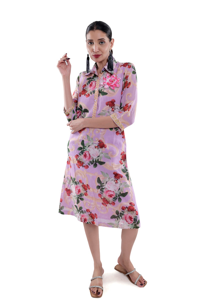 Lavender Peonia Printed Straight Shirt Dress