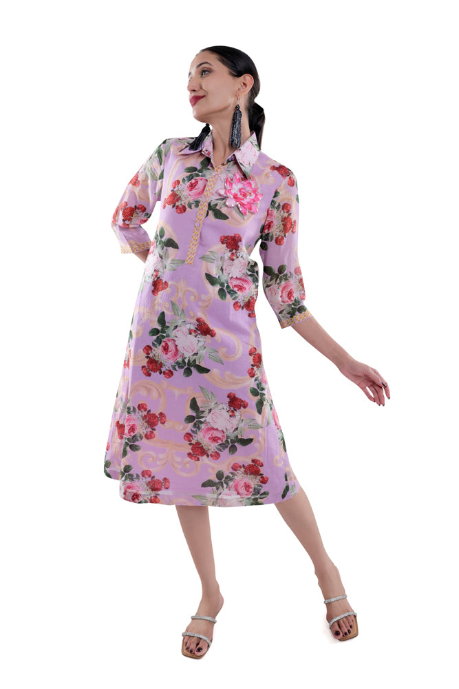 Lavender Peonia Printed Straight Shirt Dress