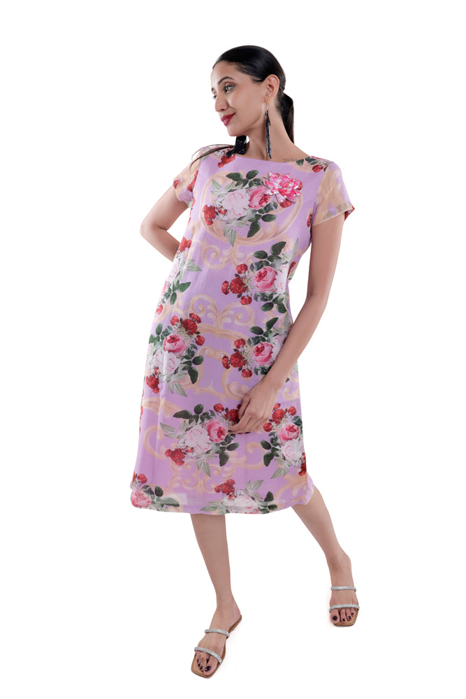 Lavender Peonia Printed Straight Cut Dress