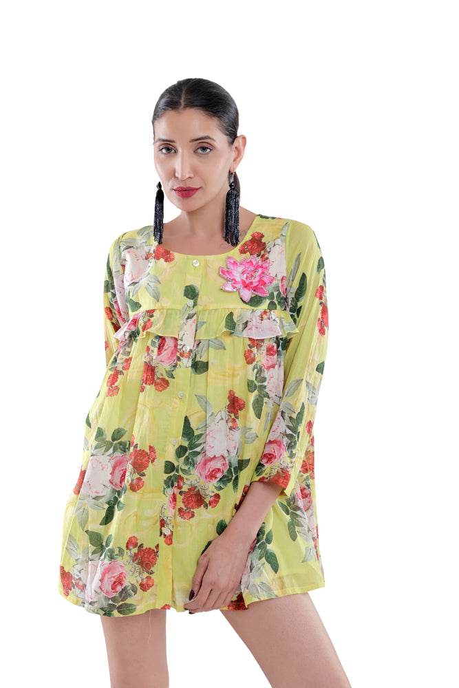 Neon Peonia Printed Peplum Shirt