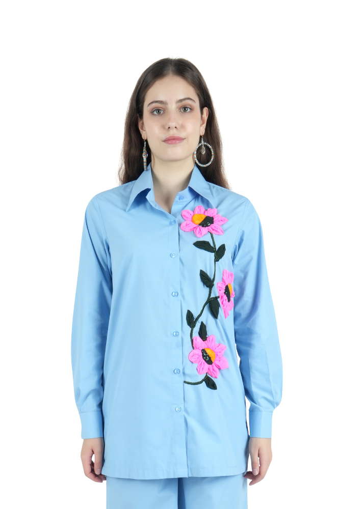 Flowerburst Embroidered Blue Shirt