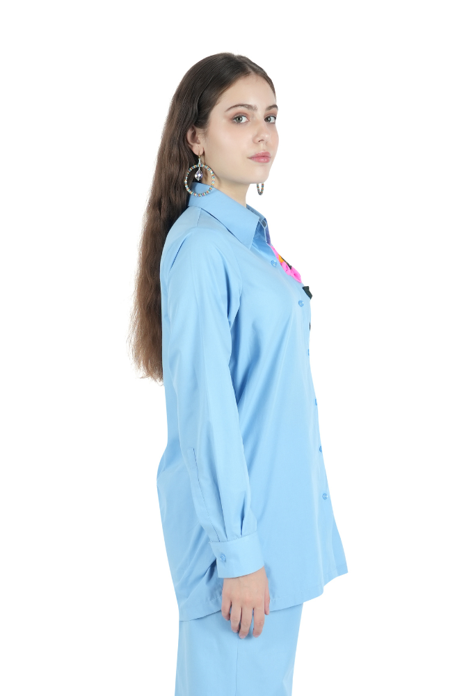 Flowerburst Embroidered Blue Shirt
