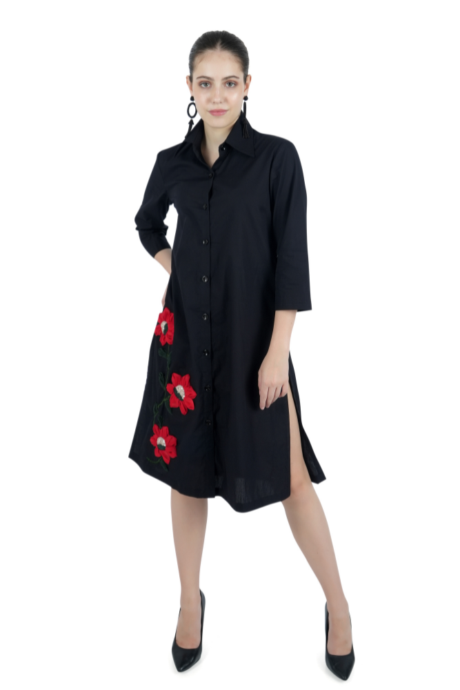Black Shirt Dress With Embroidery