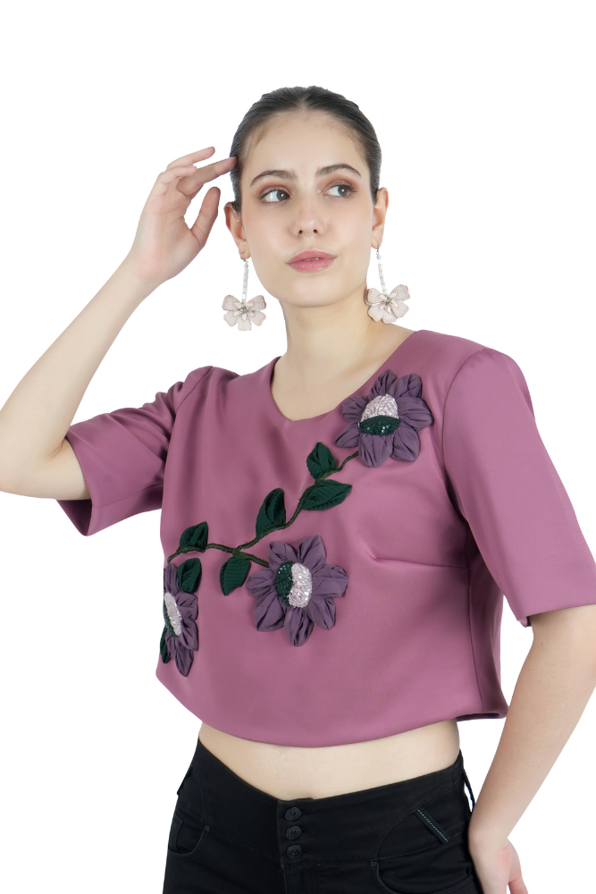 Floral Applique Pink Crop Top