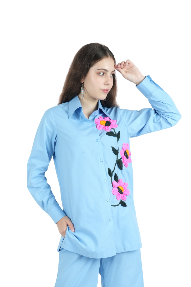 Flowerburst Embroidered Blue Shirt