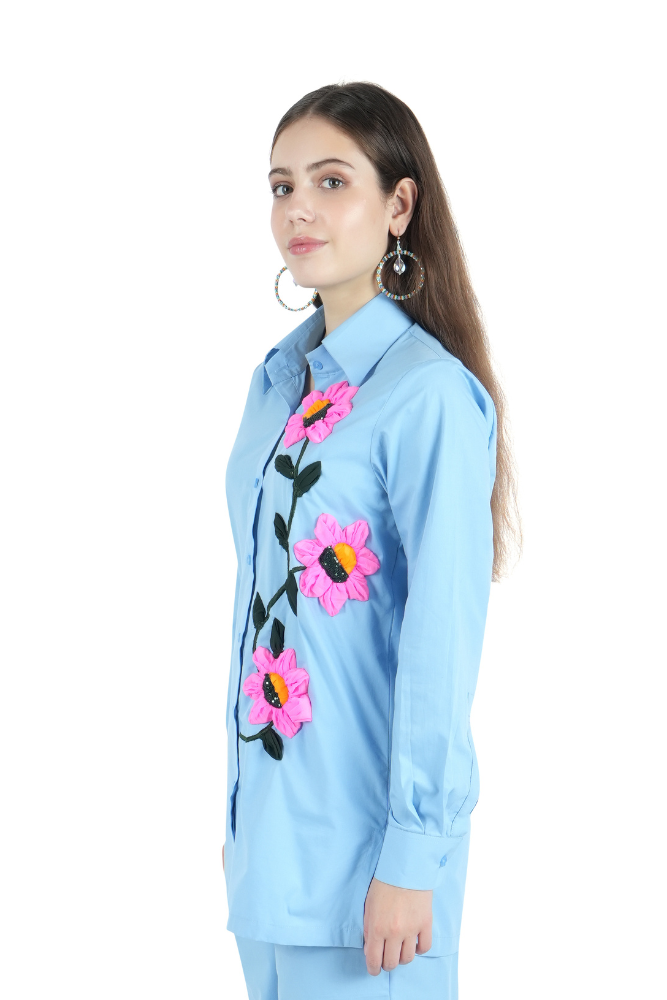 Flowerburst Embroidered Blue Shirt