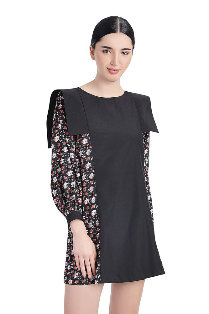 Semi-Printed Floral Black Dress