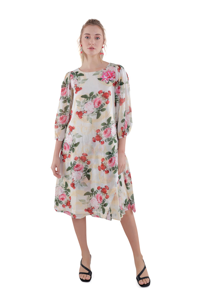 Ivory Peonia Printed Side Pleated Dress