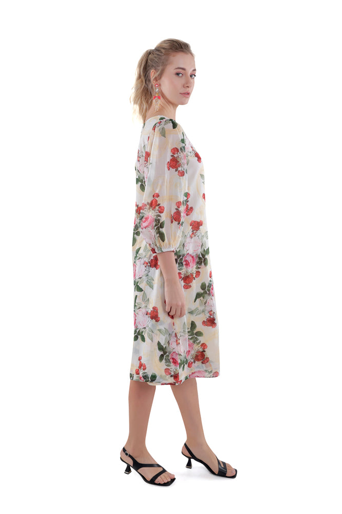 Ivory Peonia Printed Side Pleated Dress
