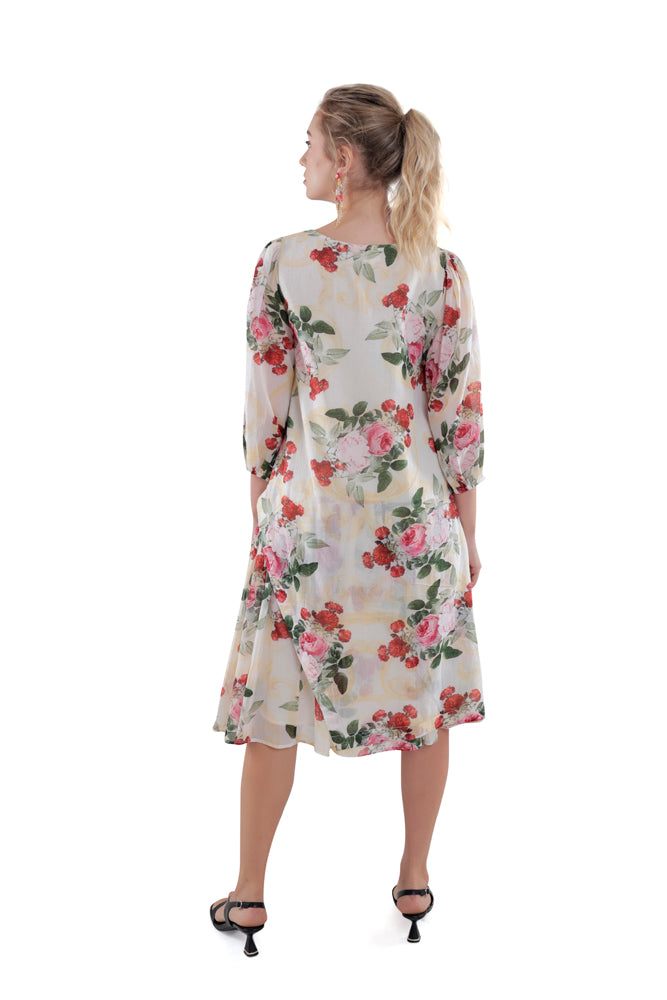 Ivory Peonia Printed Side Pleated Dress