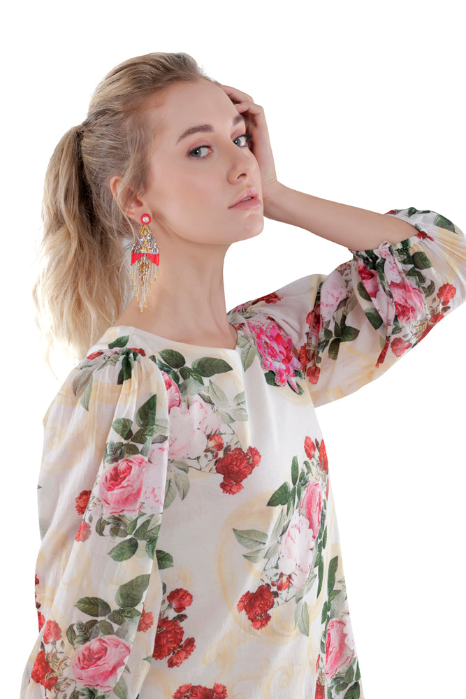 Ivory Peonia Printed Side Pleated Dress
