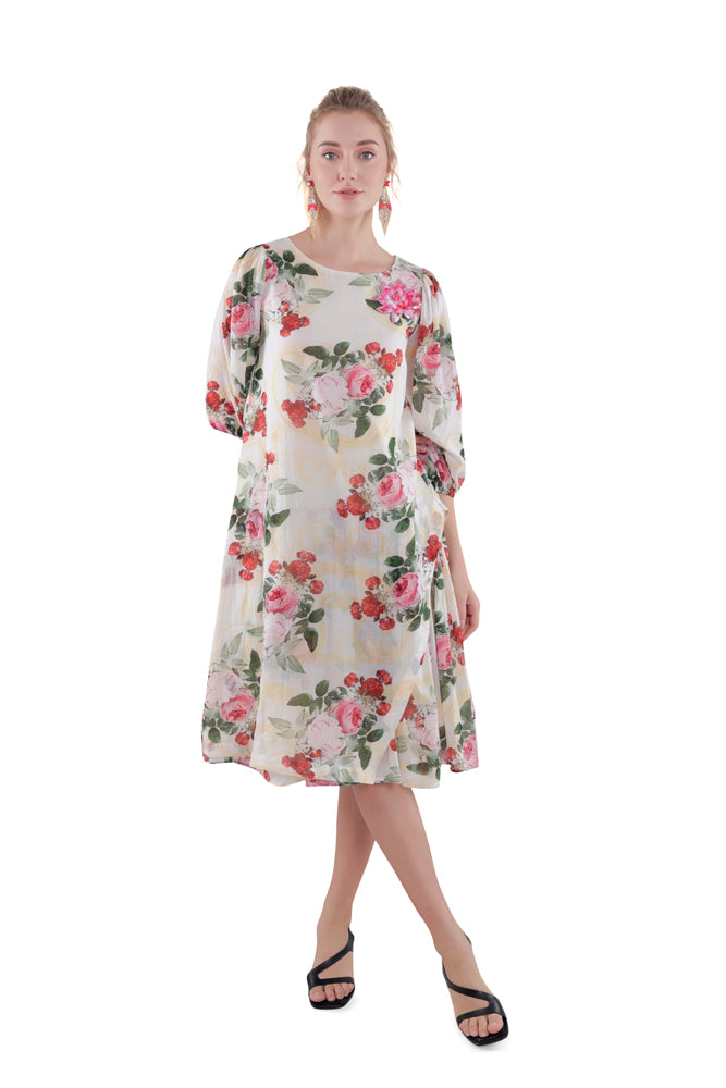 Ivory Peonia Printed Side Pleated Dress