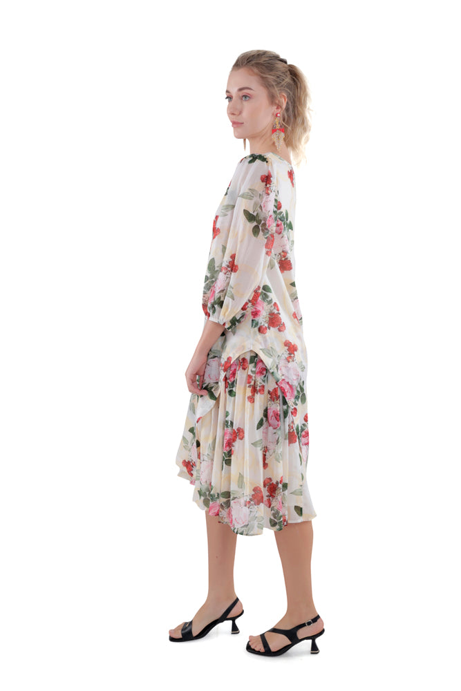 Ivory Peonia Printed Side Pleated Dress