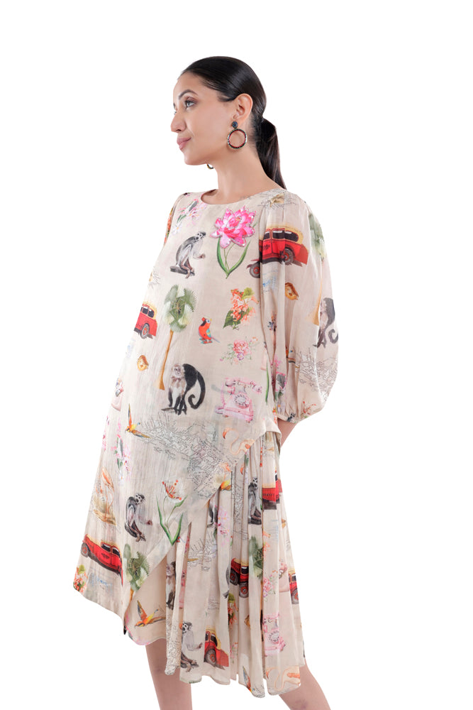 Fauna Printed Side Pleated Dress