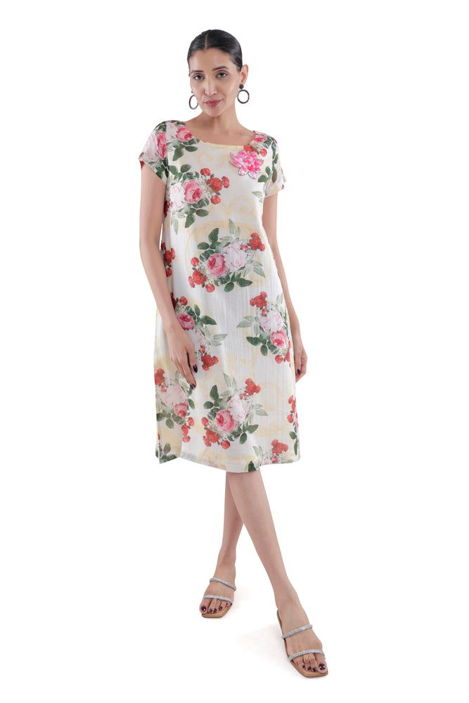 Ivory Peonia Printed Straight Cut Dress