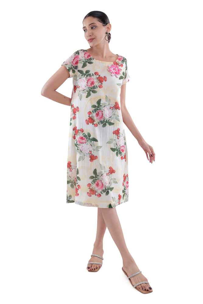Ivory Peonia Printed Straight Cut Dress