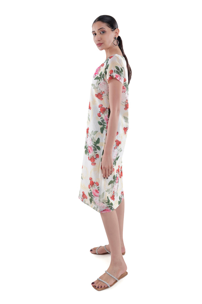 Ivory Peonia Printed Straight Cut Dress