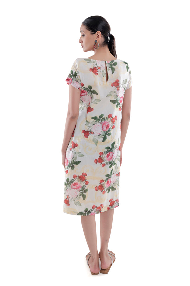 Ivory Peonia Printed Straight Cut Dress