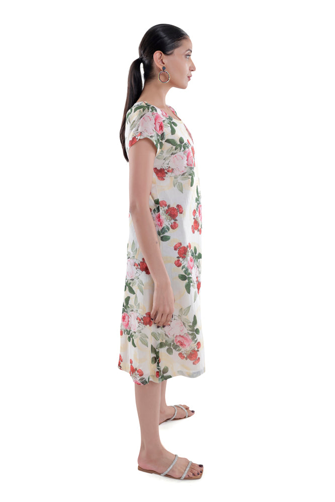 Ivory Peonia Printed Straight Cut Dress