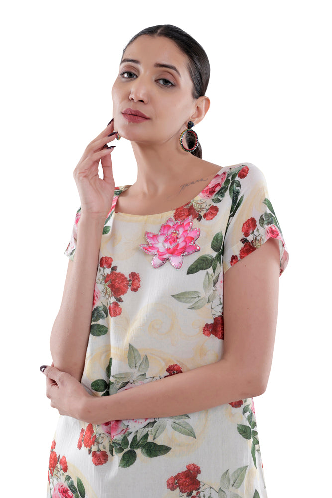 Ivory Peonia Printed Straight Cut Dress