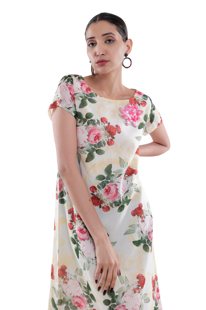 Ivory Peonia Printed Straight Cut Dress