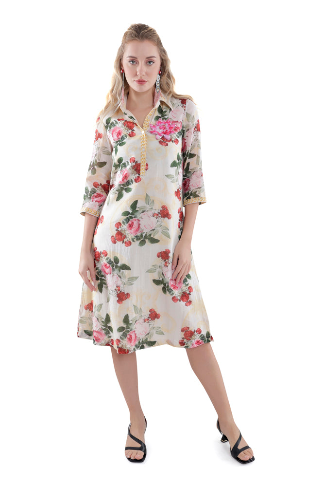 Ivory Peonia Printed Straight Shirt Dress