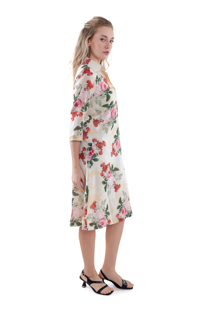 Ivory Peonia Printed Straight Shirt Dress