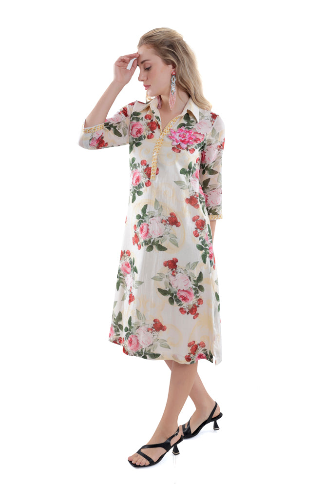 Ivory Peonia Printed Straight Shirt Dress