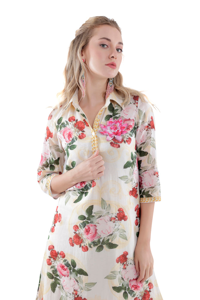 Ivory Peonia Printed Straight Shirt Dress