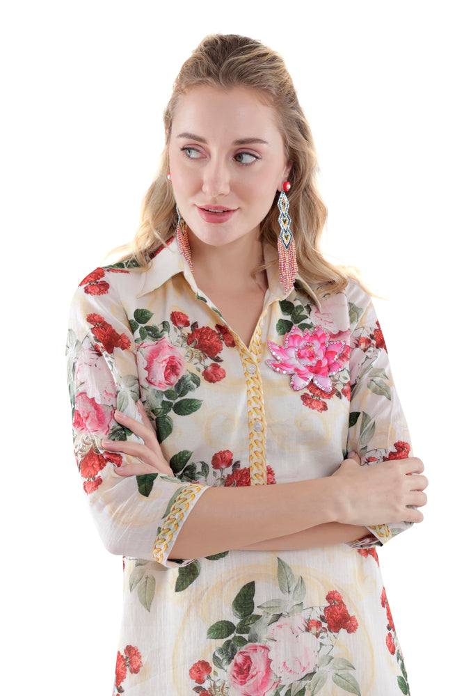 Ivory Peonia Printed Straight Shirt Dress