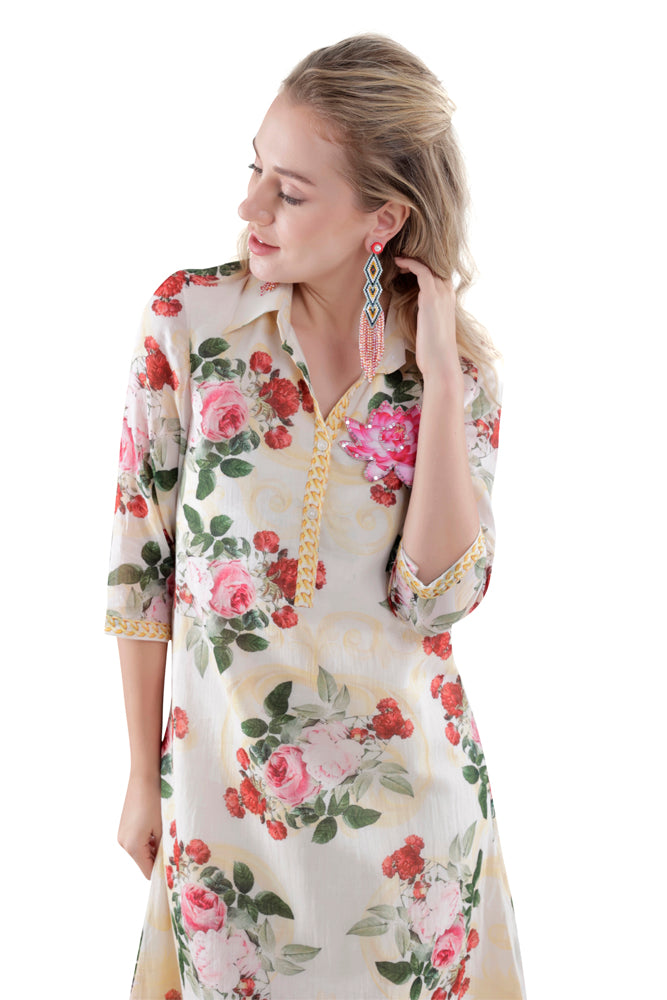 Ivory Peonia Printed Straight Shirt Dress