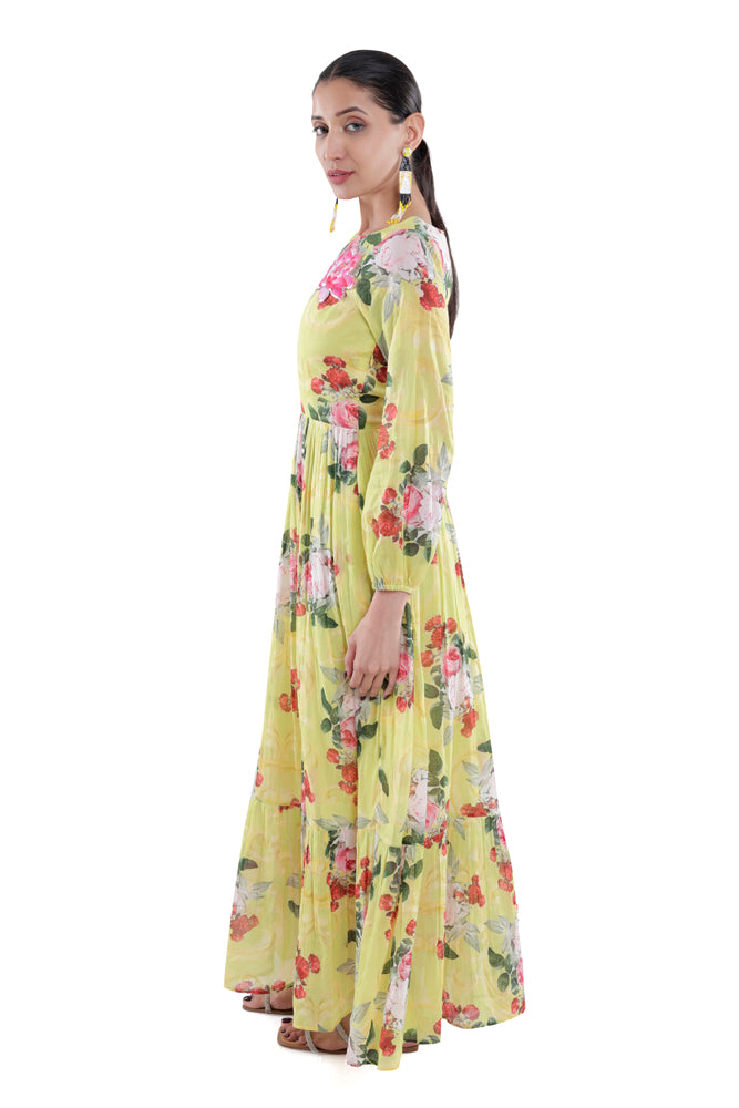 Neon Peonia Printed Maxi Dress