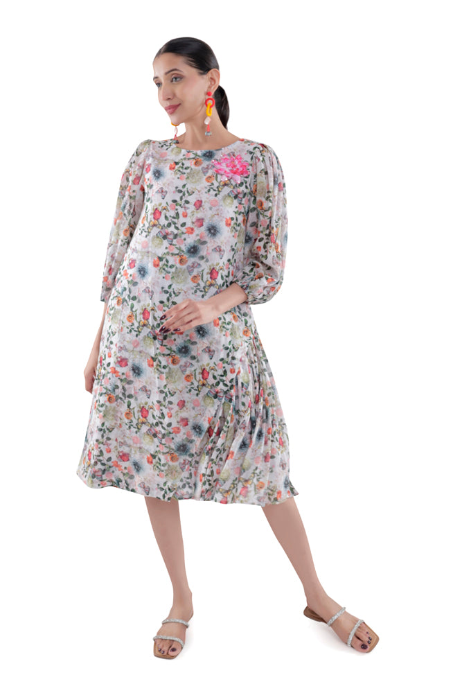 Flora Printed Side Pleated Dress