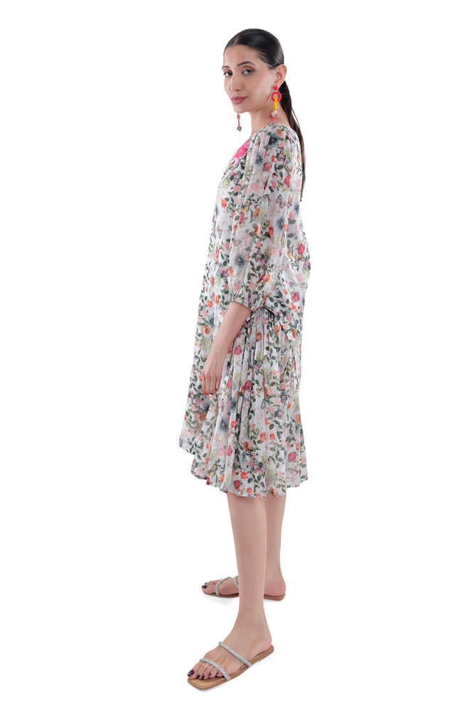 Flora Printed Side Pleated Dress