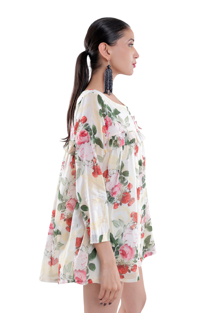 Ivory Peonia Printed Peplum Shirt