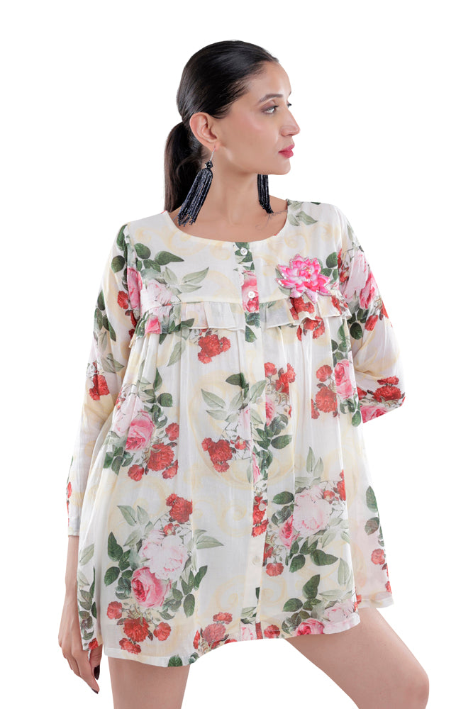 Ivory Peonia Printed Peplum Shirt