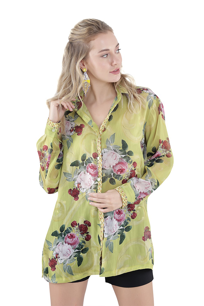 Neon Floral Printed Sheer Shirt