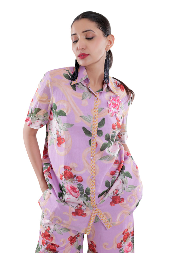 Lavender Peonia Printed Short Sleeve Shirt