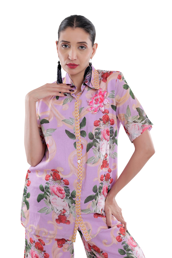 Lavender Peonia Printed Short Sleeve Shirt