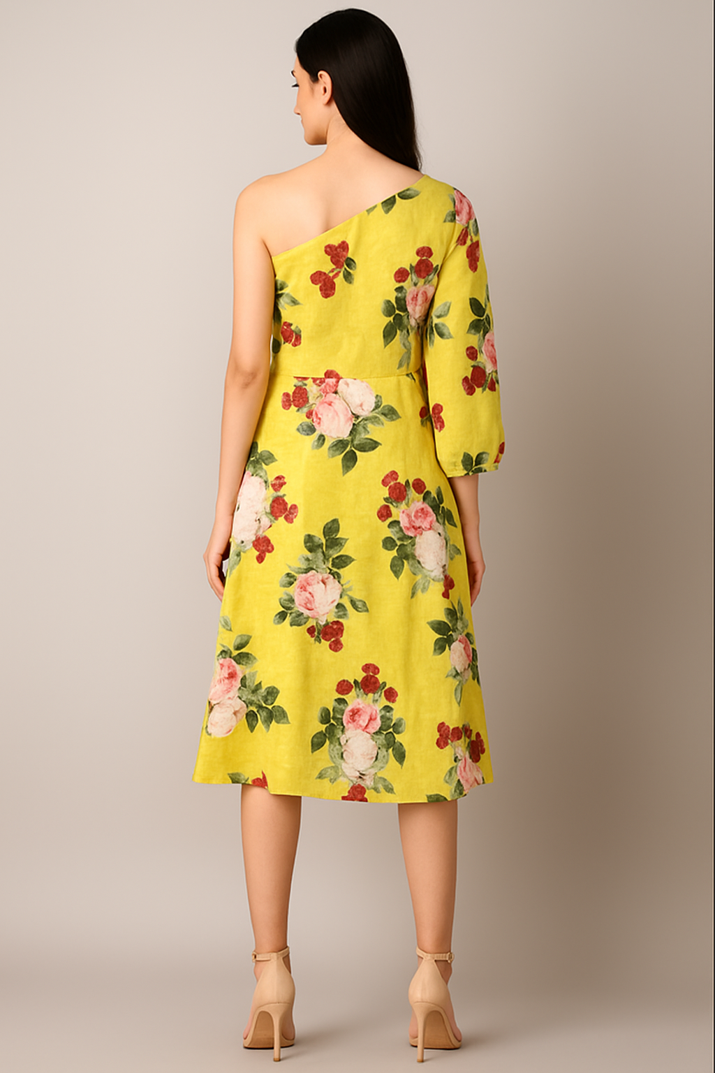 Neon Peonia printed one sleeve side pleated dress