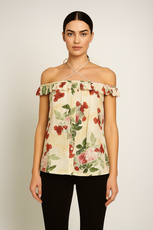 Ivory Peonia off shoulder tie up top