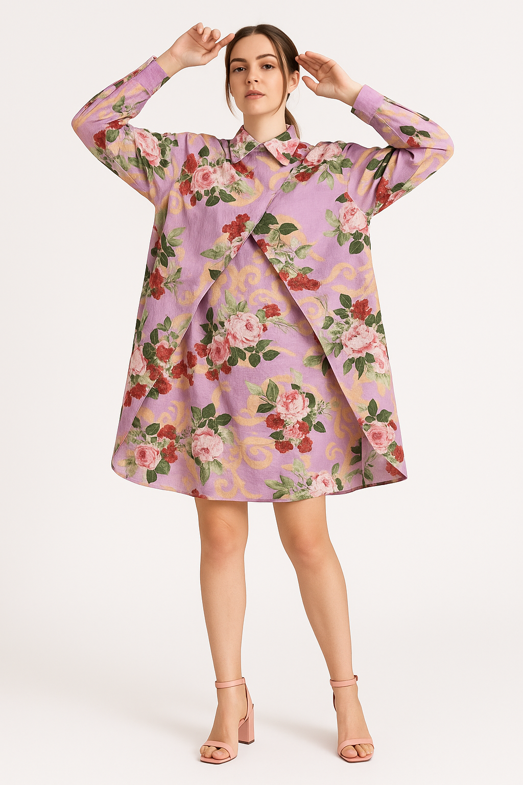 Lavender Peonia Printed Overlap shirt dress