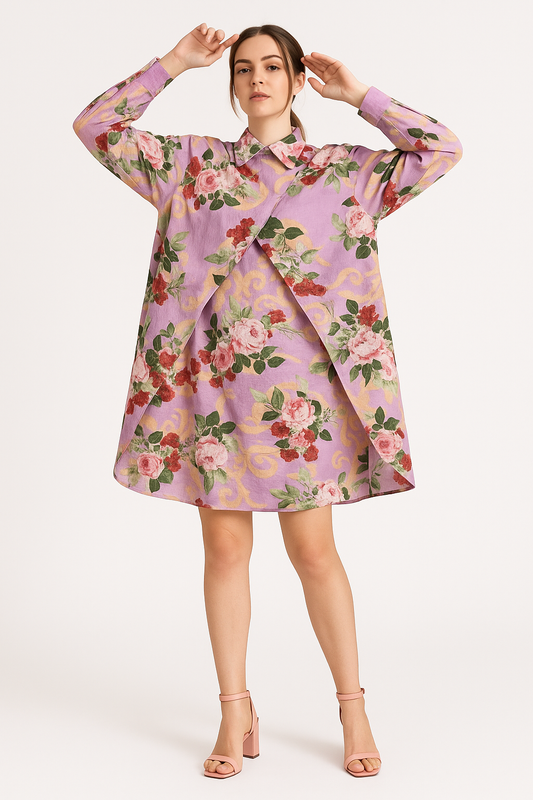 Lavender Peonia Printed Overlap shirt dress