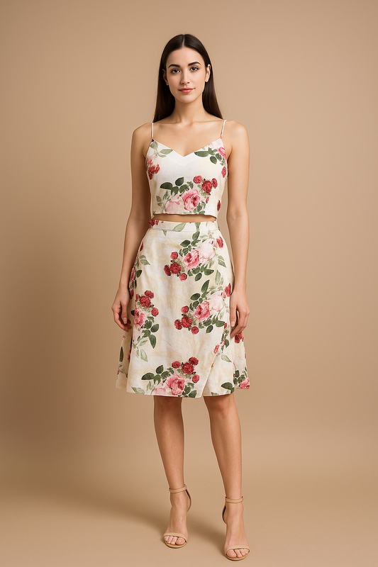 Ivory Peonia printed slip top & skirt co-ord set
