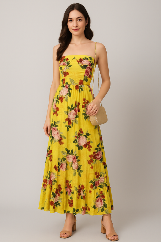 Neon Peonia Corset style maxi Dress