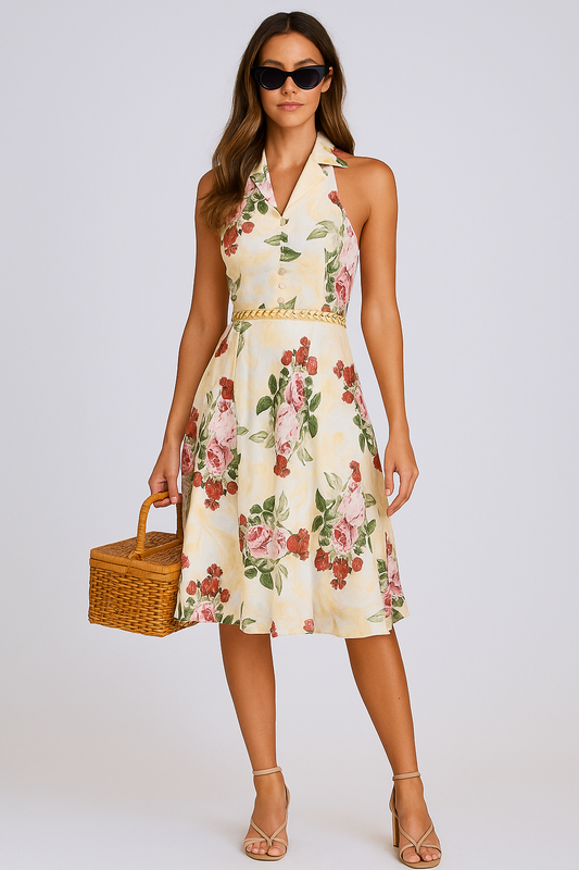 Ivory Fauna Floral Halter Collared Midi Dress