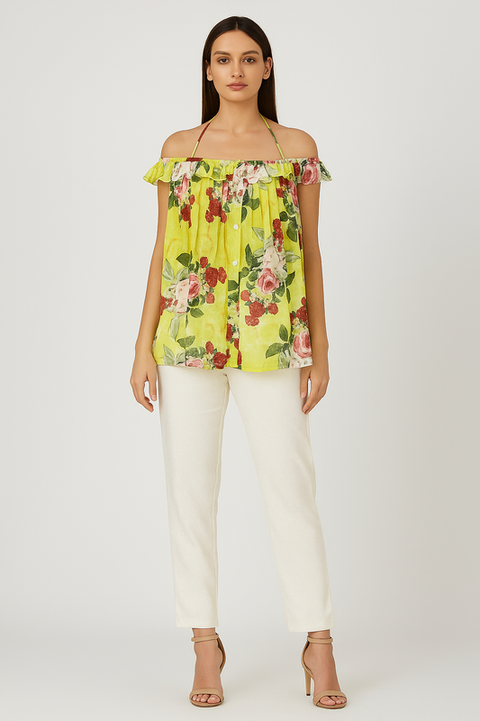 Neon Peonia off shoulder tie up top
