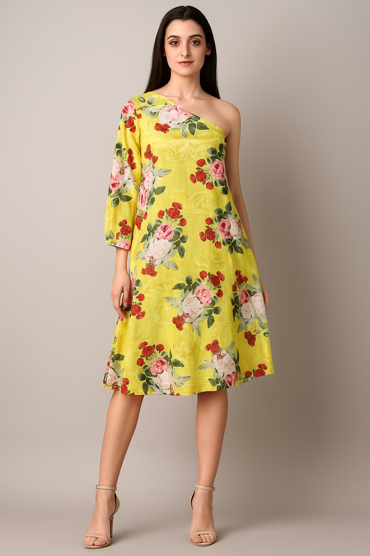 Neon Peonia printed one sleeve side pleated dress