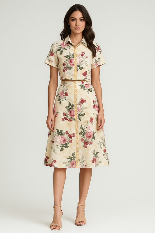 Ivory Fauna Printed crop shirt and skirt co-ord