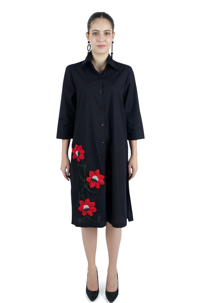 Black Shirt Dress With Embroidery